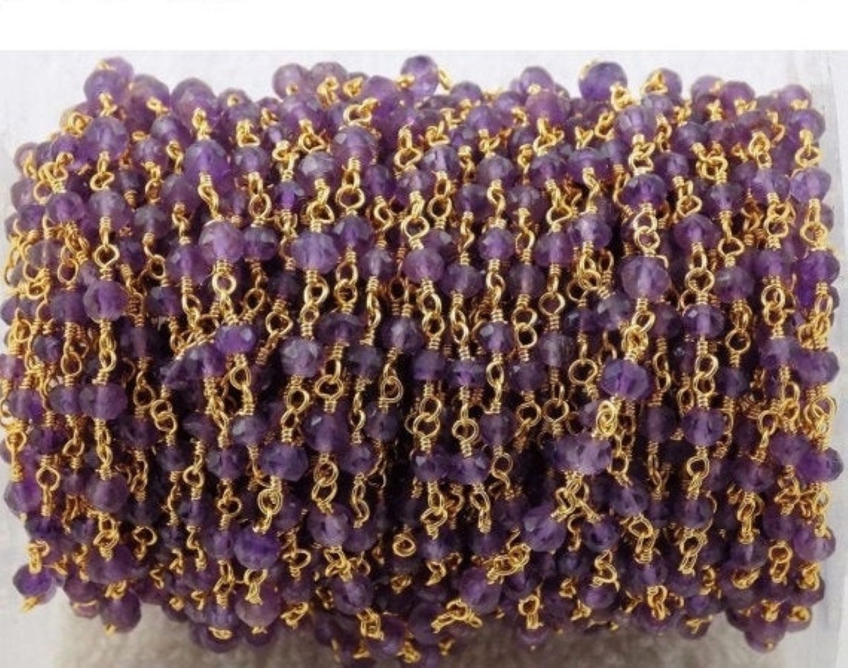 Natural Amethyst 3-4mm Rondelle Faceted 24k Gold Plated Beaded Chain