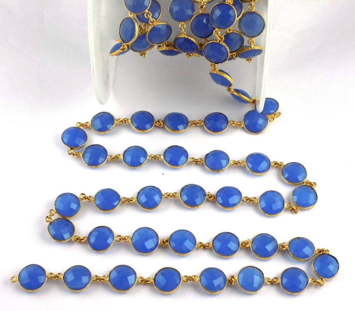 Blue Chalcedony Round Shape Briolette Cut Connector Linking Chain