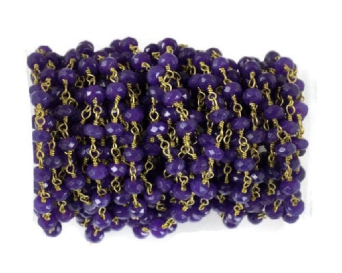 Amethyst Chalcedony 24k Gold Plated Rosary Chain 3.5-4mm Faceted Beads