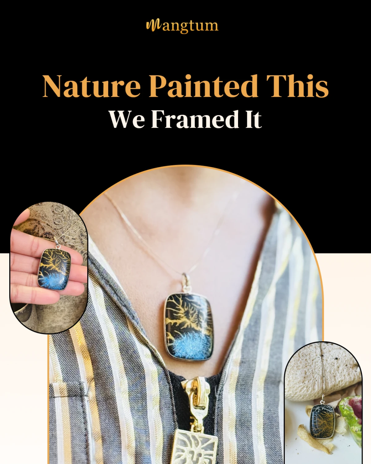 Black Tree Opal Crystal Dublet pendant with Engraved silver insert